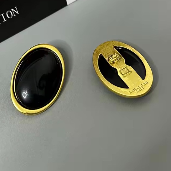 Vintage Oversized Black Brass Oval Statement Earrings - Picture 5 of 14